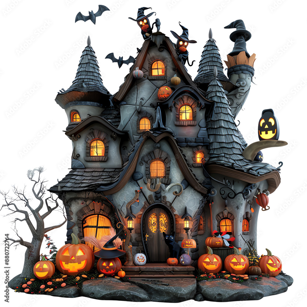 Spooky Halloween haunted house with glowing jack-o'-lanterns, bats, and eerie decorations, perfect for the festive season. Spooky Halloween haunted house with glowing jack-o'-lanterns, bats, and eerie decorations, perfect for the festive season.