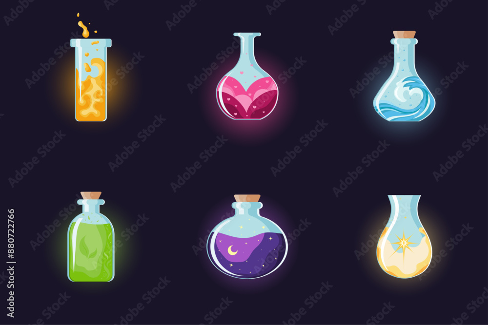 Set of potion bottles with magic elixir. Cartoon glass flasks with colorful glowing liquid and corkwood plugs. Halloween witchcraft, potion and poison, sparkling elixir. Vector illustration Set of potion bottles with magic elixir. Cartoon glass flasks with colorful glowing liquid and corkwood plugs. Halloween witchcraft, potion and poison, sparkling elixir. Vector illustration