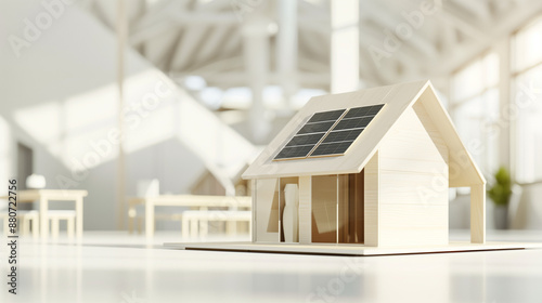 Model of a wooden house with solar panels in an architectural firm or office that develops alternative energy projects and eco and sustainable home. Renewable energy concept, solar energy. 