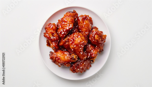 Korean fried chicken on white plate on white background