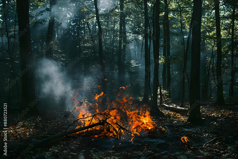 Fototapeta premium A small fire burns brightly in a dark, dense forest, with smoke rising slowly through the trees under the soft light filtering through the leaves.