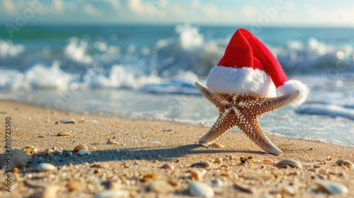 Fototapeta Naklejka Na Ścianę i Meble -  Starfish wearing Santa hat on beach near ocean Tourism and holiday theme