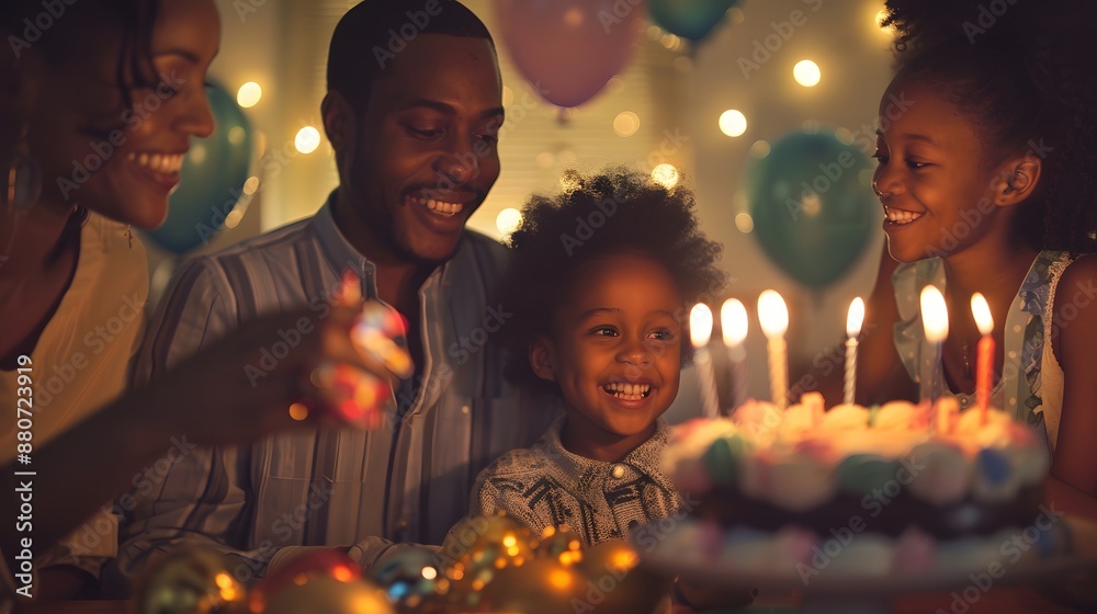 A multicultural family celebrating a birthday at home with a cake and decorations A multicultural family celebrating a birthday at home with a cake and decorations
