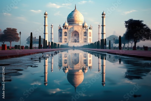 Taj Mahal in minimalism serene shapes and soft colors in the essence of the monu, generative IA photo