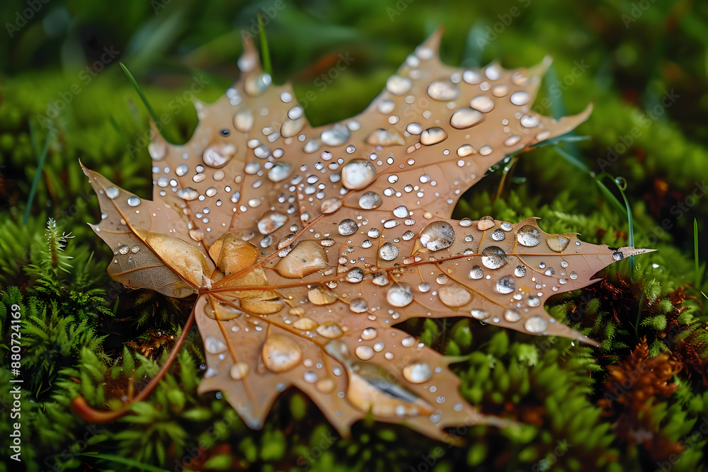 Close-up of a maple leaf covered with water droplets resting on vibrant green moss. Captivating autumn nature scene with detailed texture. Close-up of a maple leaf covered with water droplets resting on vibrant green moss. Captivating autumn nature scene with detailed texture.