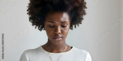 Young black woman with concerned expression looking at her phone. Concept Portrait, Technology, Smartphone, Concerned Expression, Young Black Woman