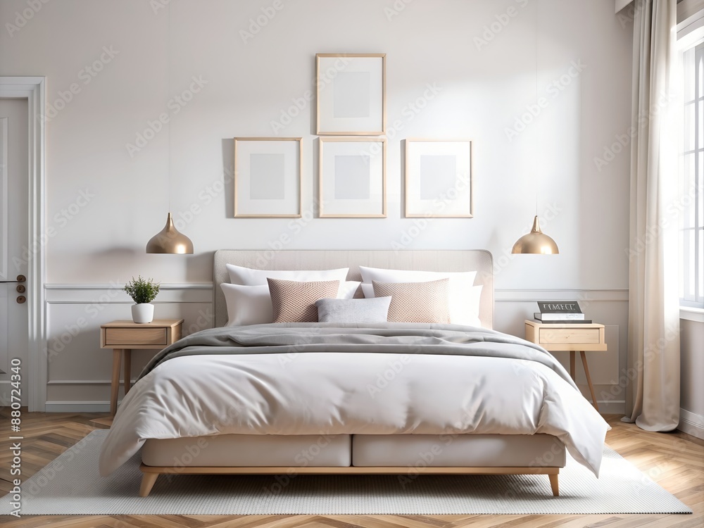 Blank poster frame mockup on wall above bed with home decor. Classic light interior design of a modern bedroom Blank poster frame mockup on wall above bed with home decor. Classic light interior design of a modern bedroom