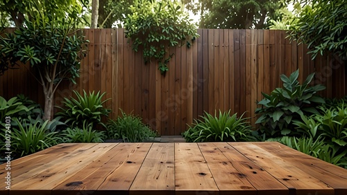 Empty wooden tabletop set in a home backyard garden, show case stage for product advertisement photo