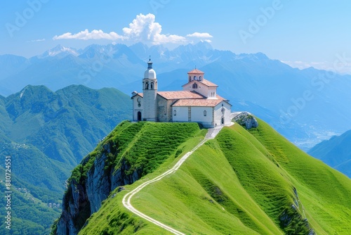 Serene mountain landscape with church in background, ideal travel destination with religious architecture and stunning nature. photo