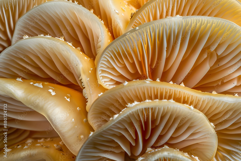 Close-up of mushroom gills showcasing intricate details and textures in warm tones, ideal for nature and macro photography enthusiasts. Close-up of mushroom gills showcasing intricate details and textures in warm tones, ideal for nature and macro photography enthusiasts.