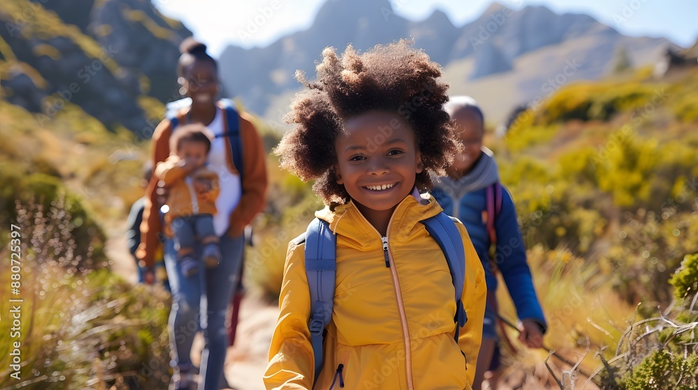 A diverse family hiking on a mountain trail, enjoying nature and adventure