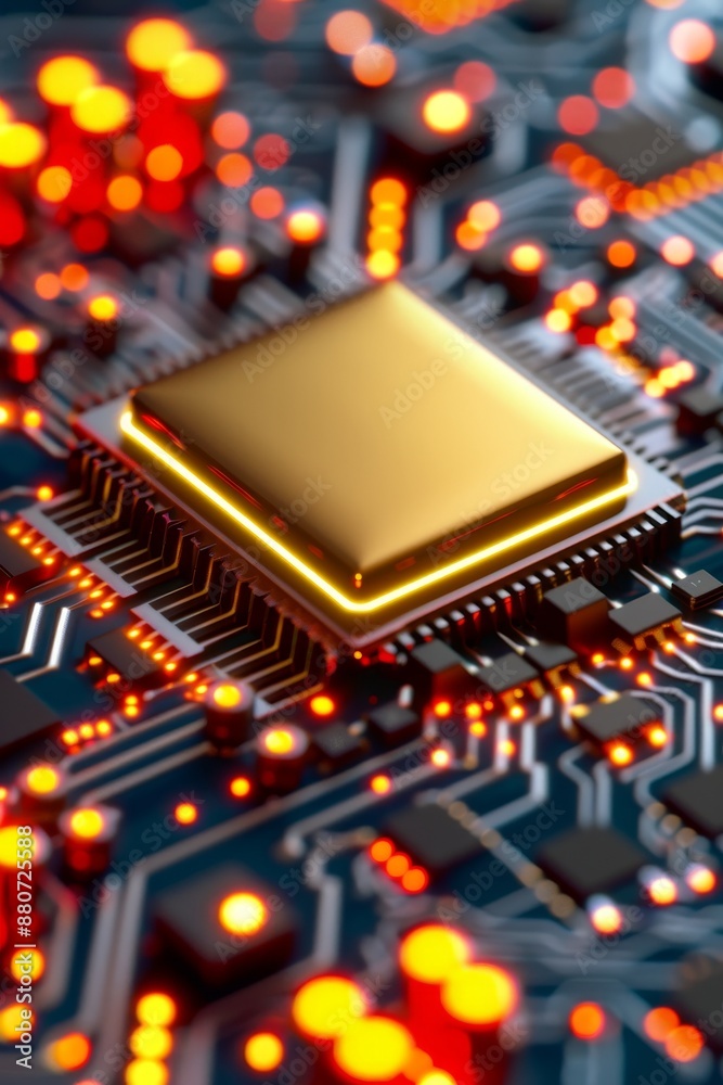 golden processor chip on circuit board - technology concept golden processor chip on circuit board - technology concept