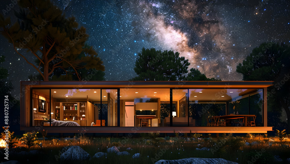 Modern glass house in wilderness under starry night sky with Milky Way ...