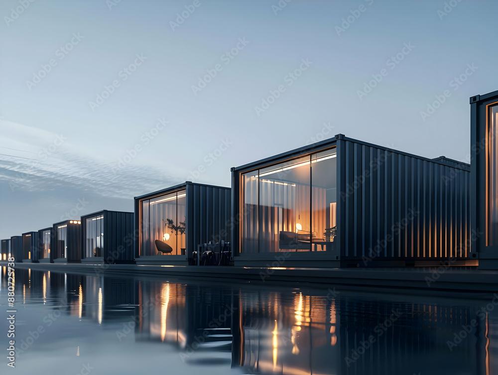 Fototapeta premium Modern container homes reflecting in a calm water surface at dusk with warm interior lighting creating a cozy atmosphere.