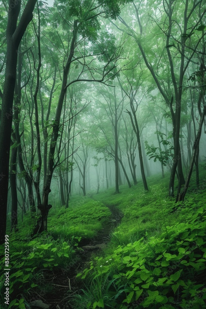 A winding path through dense foliage in a serene forest environment A winding path through dense foliage in a serene forest environment