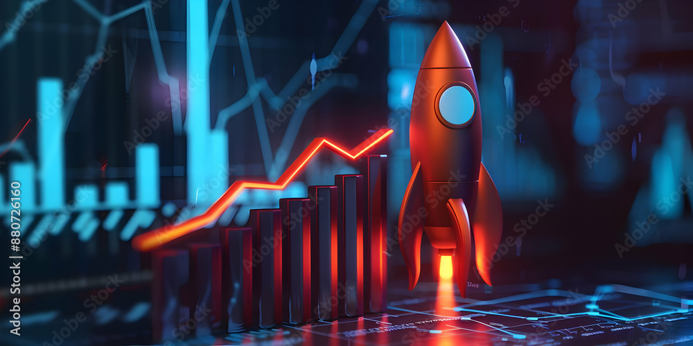 Rocket boosting upward with rising graph showing business growth and ...