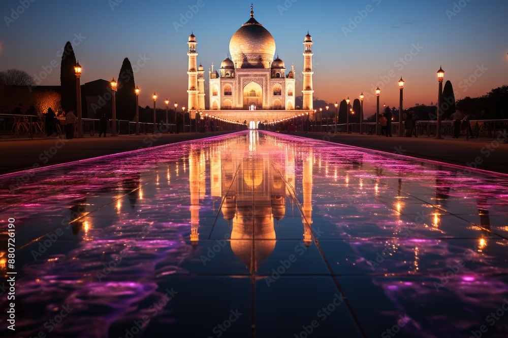 Taj Mahal Enlightened a contemporary journey with neon art and its vibrant shade, generative IA