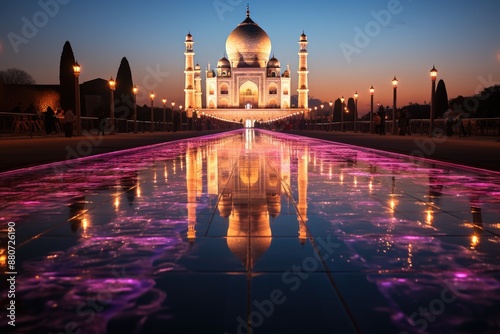 Obraz na płótnie Taj Mahal Enlightened a contemporary journey with neon art and its vibrant shade, generative IA w salonie