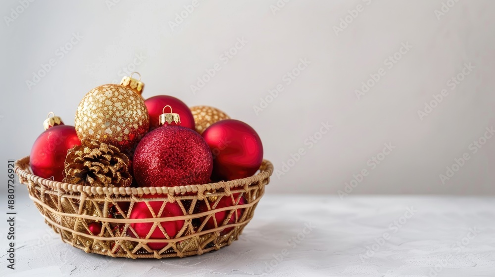 Red and gold festive ornaments in a tiny basket against white backdrop Red and gold festive ornaments in a tiny basket against white backdrop