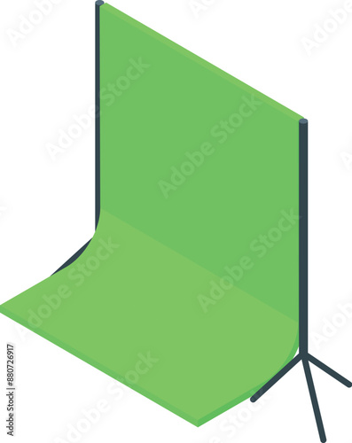 Isometric professional studio empty green screen backdrop standing on tripod for chroma key video post production