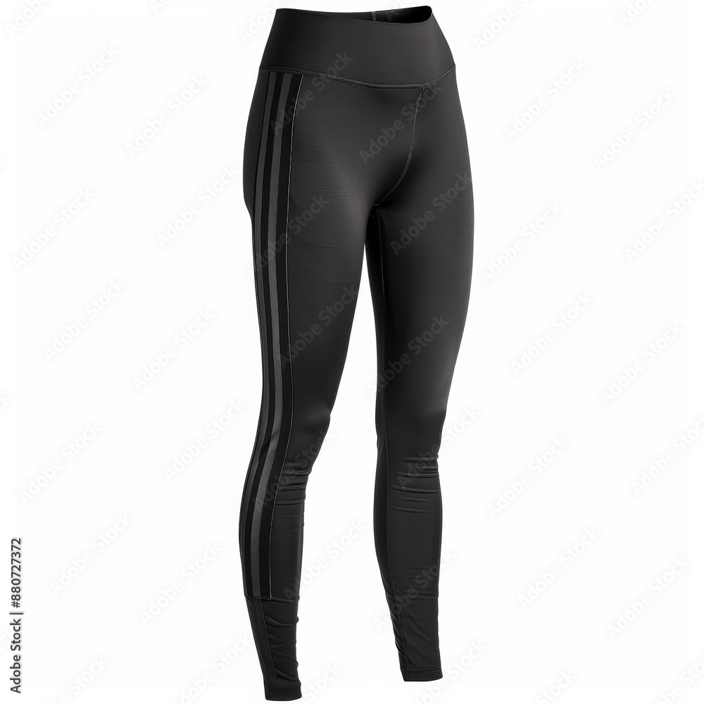 A pair of black athletic leggings with an elastic waistband and side stripes, isolated on white background. A pair of black athletic leggings with an elastic waistband and side stripes, isolated on white background.