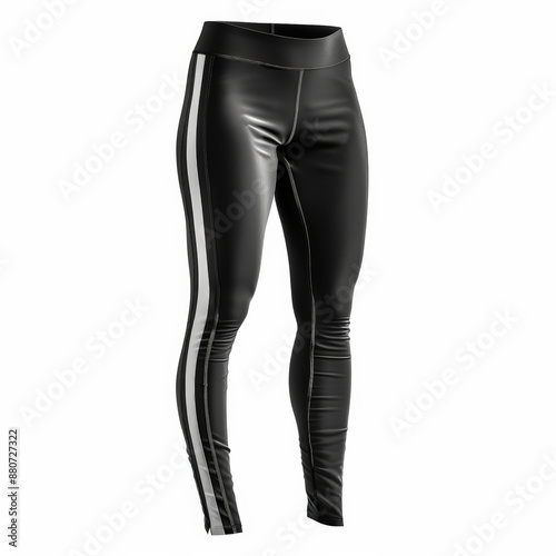 A pair of black athletic leggings with an elastic waistband and side stripes, isolated on white background.