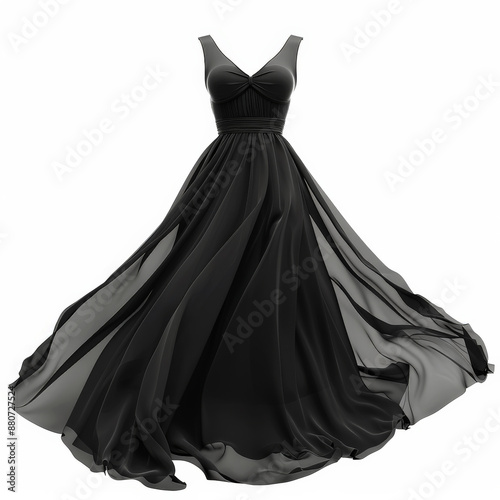 A formal black evening gown with a fitted bodice and flowing skirt, isolated on white background.