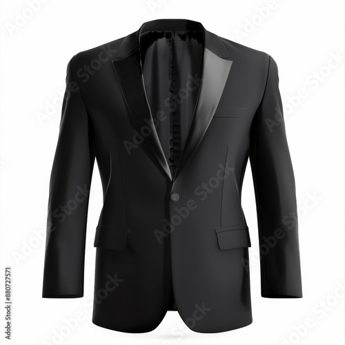 A formal black tuxedo jacket with satin lapels and a single button closure, isolated on white background. photo