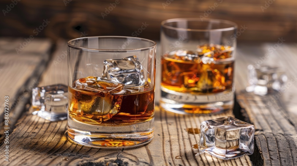 Whiskey glasses with ice on a wooden surface Whiskey glasses with ice on a wooden surface