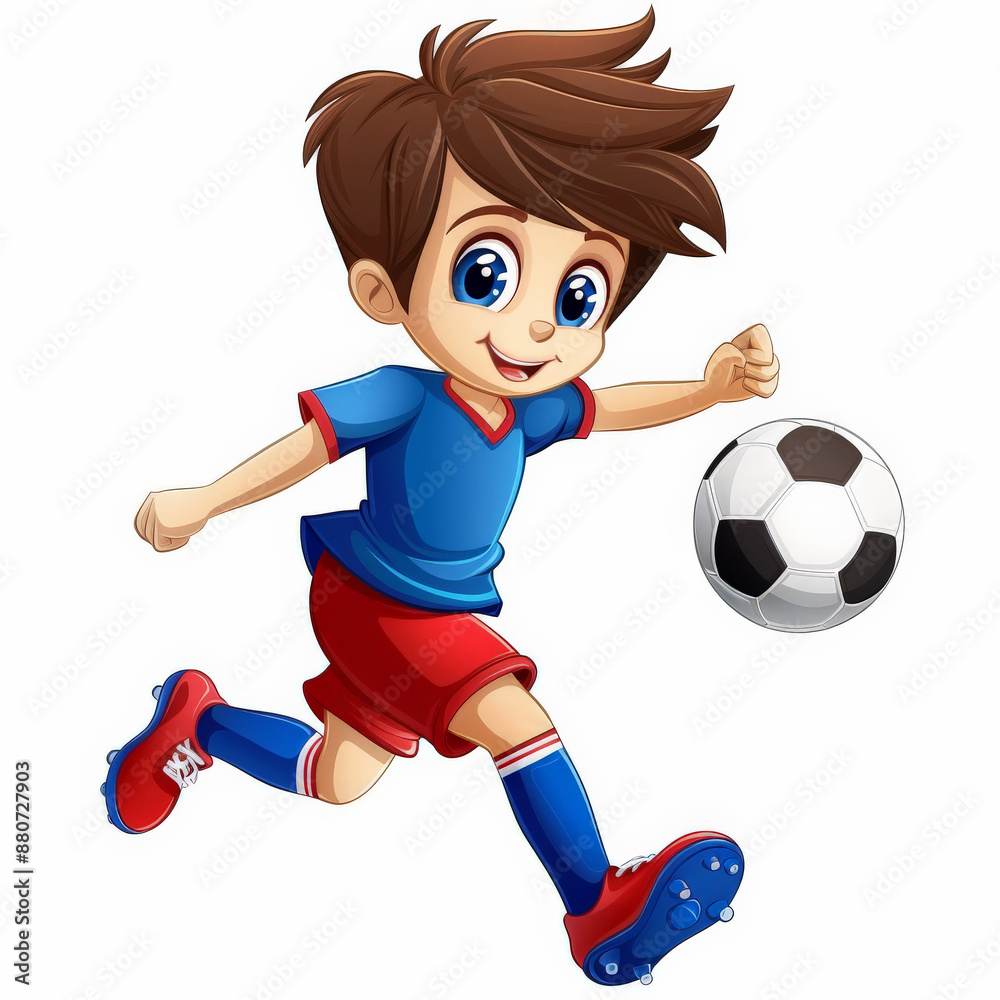 A young cartoon soccer player with a blue jersey and red shorts, taking a powerful shot, isolated on white background A young cartoon soccer player with a blue jersey and red shorts, taking a powerful shot, isolated on white background