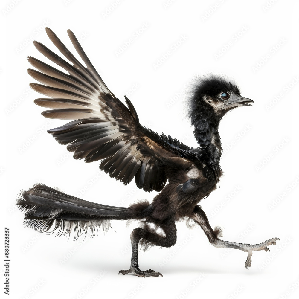 Fototapeta premium A playful Microraptor with its feathered wings and small size, appearing agile, isolated on white background.