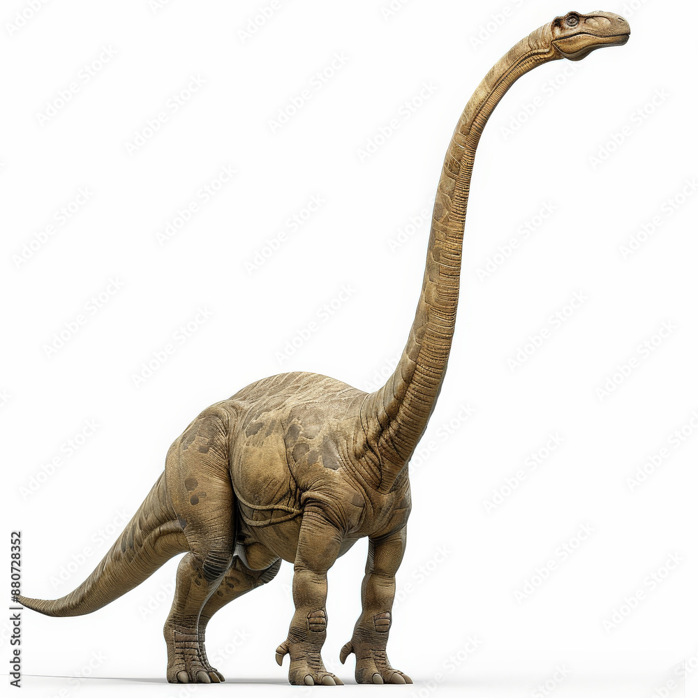 Fototapeta premium A majestic Brachiosaurus with its long neck reaching up, walking gracefully, isolated on white background.
