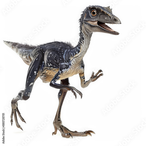 A dynamic scene of a Troodon with its small size and agile build, appearing ready to hunt, isolated on white background. photo