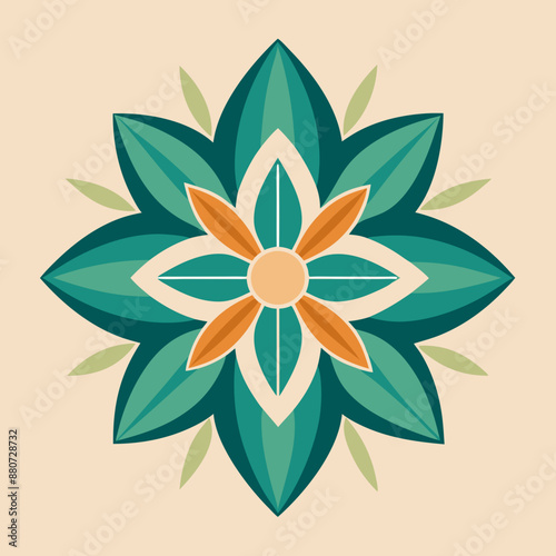 A symmetrical design features a stylized floral motif with six green petals and a central pattern of orange and white shapes