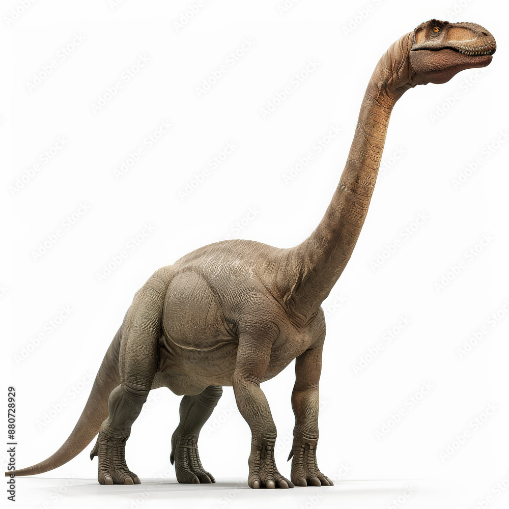 Obraz premium A friendly-looking Apatosaurus with its long neck and massive body, grazing peacefully, isolated on white background.