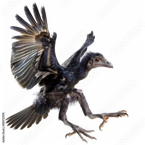 A playful Microraptor with its feathered wings and small size, appearing agile, isolated on white background. photo