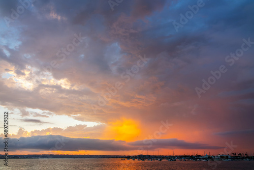 Dramatic sky at sunset in San Diego Bay, California