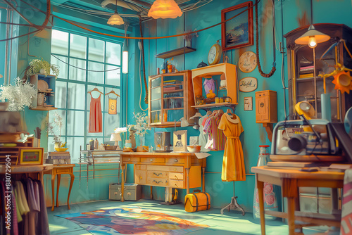 3D rendered scene with interior of a vintage shop