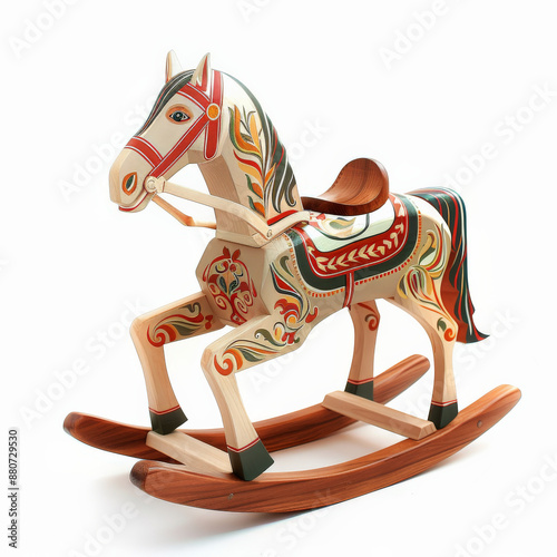 A classic wooden rocking horse with a painted saddle, isolated on white background.