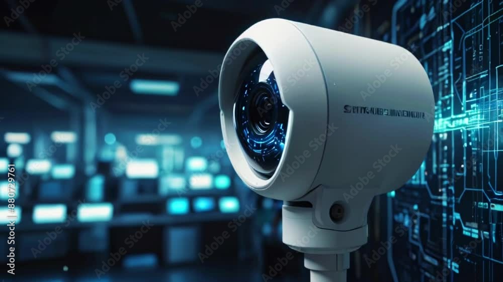 A white and gray security camera is mounted on a wall. In the background, there are blue circuit board lines. A white and gray security camera is mounted on a wall. In the background, there are blue circuit board lines.