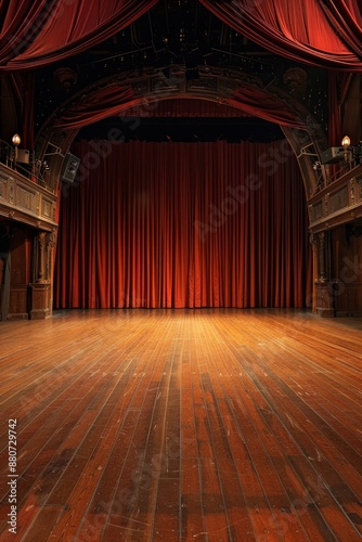 A spacious, empty theater stage with wooden floors and red velvet curtains drawn open, with soft, ambient lighting.