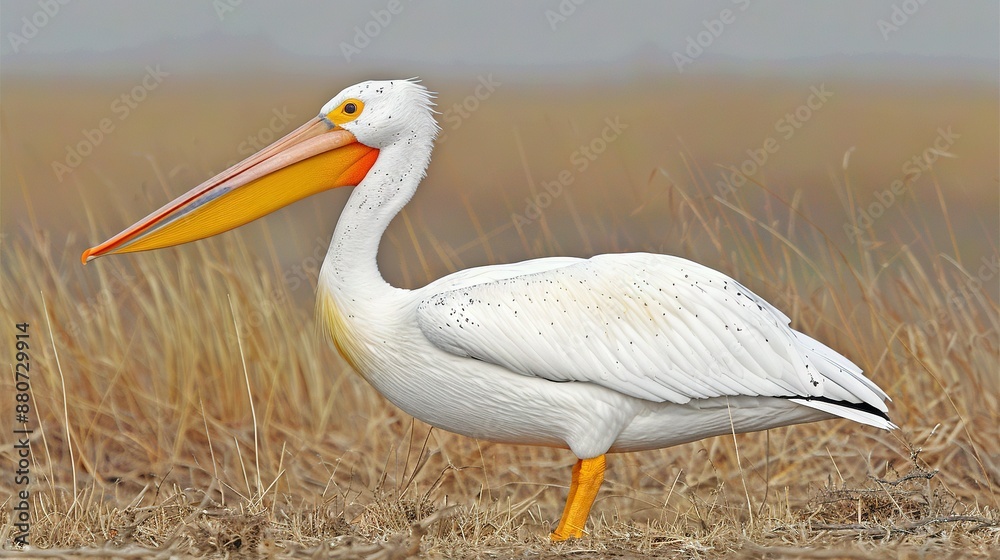 Obraz premium A white pelican with a yellow beak stands in a field of dry grass before a hazy sky