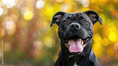 Proud black Staffordshire Bull Terrier dog in park with tongue out photo