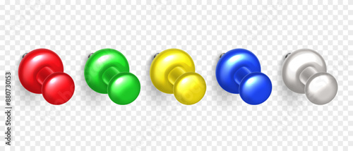 Vector 3D colorful push pin with shadow isolated on transparent background. Set of realistic plastic thumbtack in different angles.