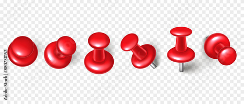 Vector 3D red push pin with shadow isolated on transparent background. Set of realistic plastic thumbtack in different angles.