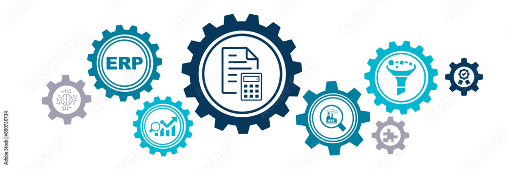 ERP vector illustration. Concept with icons related to enterprise resource planning software, system or interface; company or organization resources management & corporate information or strategy. ERP vector illustration. Concept with icons related to enterprise resource planning software, system or interface; company or organization resources management & corporate information or strategy.