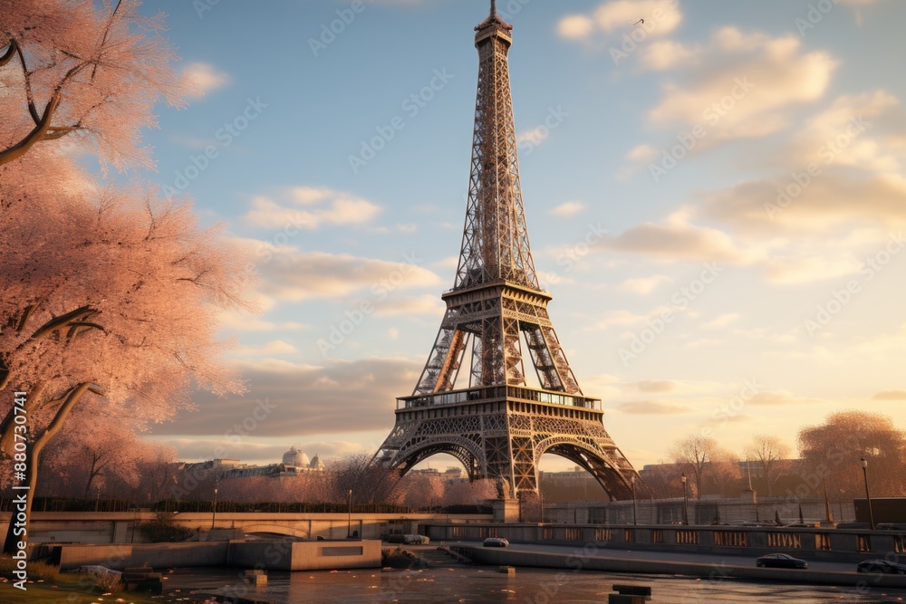 Fototapeta premium Eiffel Tower a minimalist symphony of colors and features, uniting simplicity an, generative IA