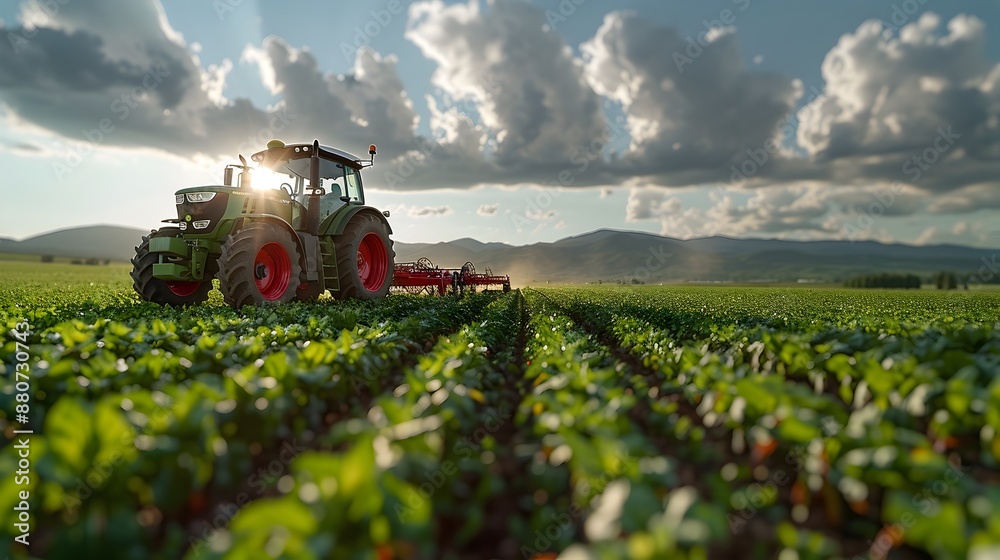Tractor Plowing Lush Green Field Amid Cloudy Countryside Landscape