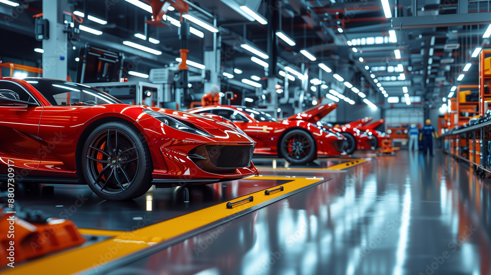 A modern production line with sports cars being assembled by both humans and robots A modern production line with sports cars being assembled by both humans and robots