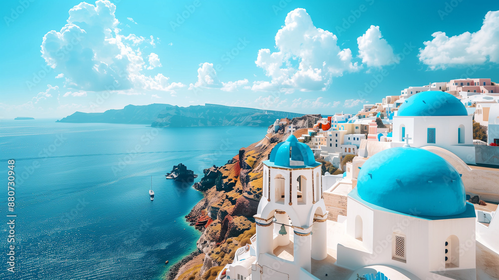 Naklejka premium A picturesque view of Santorini’s white-washed buildings and blue domes overlooking the Aegean Sea